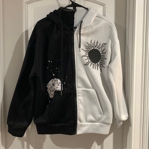 Two Toned Black and White Zip-Up Hoodie, Night and Day Design, Shein